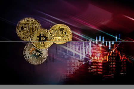 four golden bit coin model and stock market graph for crypto currency finance business on red purple black backgroundの写真素材