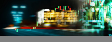 blur building city street night light and index number and graph of stock market business abstract banner business backgroundの写真素材