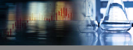 transpiration blue flask and red gold information graph in medical health science lab technology banner backgroundの写真素材