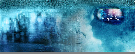 blue digital technology blur light line and head symbol for artificial intelligence or AI graphic banner business background abstract modern futuristic banner backgroundの写真素材