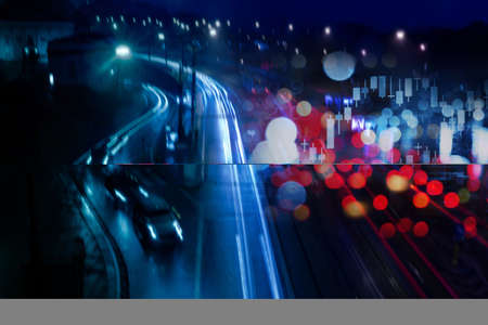red blue city street night light line and index number and graph of stock market business abstract backgroundの写真素材