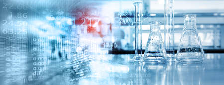 chart and index number of stock market and flask medical science lab equipment health science business blue banner backgroundの写真素材