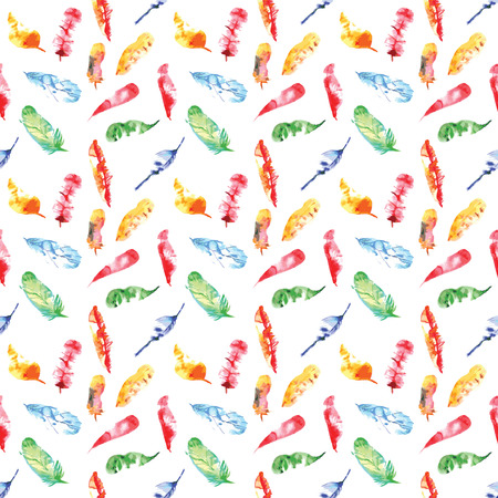 seamless pattern of colored feathers watercolors on white backgroundのイラスト素材