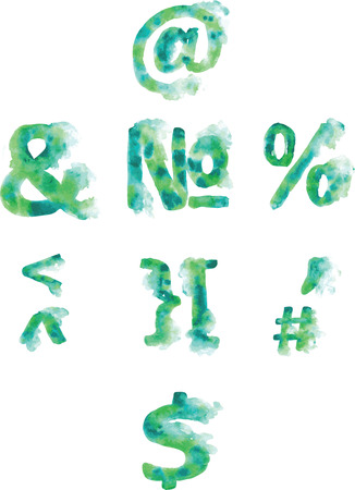 Alphabet, numbers and punctuation , hand- painted blue-green and turquoise shades on a white backgroundのイラスト素材