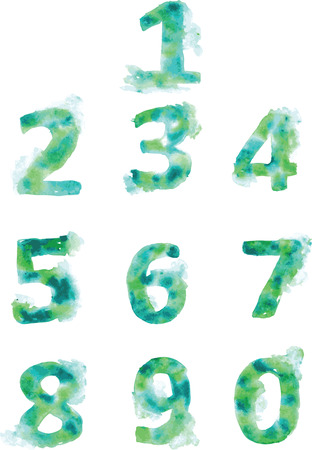 Alphabet, numbers and punctuation , hand- painted blue-green and turquoise shades on a white backgroundのイラスト素材