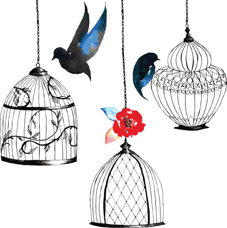 set hand-painted birdcages , birds , leaves, watercolor dark coloringのイラスト素材