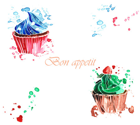 Two sweet cream cupcakes, painted in watercolorの写真素材