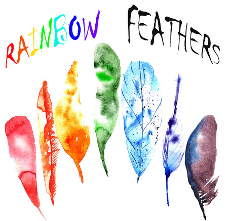 set of watercolor rainbow feathersの写真素材
