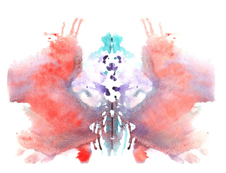 blue red watercolor symmetrical Rorschach blot on a white backgroundの写真素材
