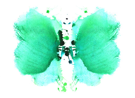 pale blue with the addition of blue-green watercolor symmetrical Rorschach blot on a white backgroundの写真素材
