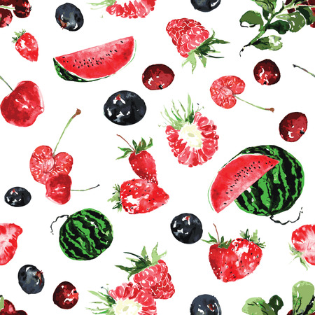 seamless pattern of summer berries painted in watercolorのイラスト素材