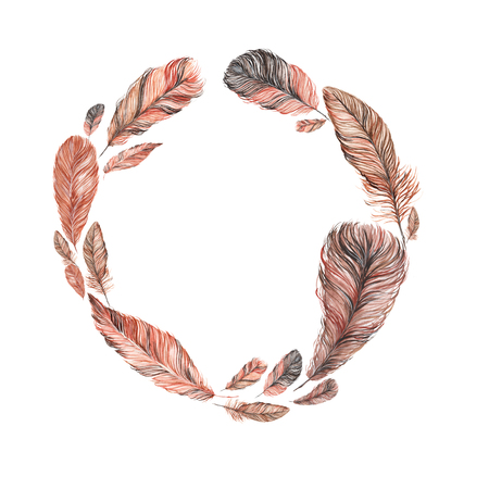 wreath, frame of feathers, hand-painted watercolor. Grey and its shades. It can be used for the development of a logo, corporate identity, an invitation to the wedding, boho partyの写真素材