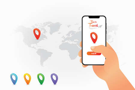 Mobile in hand mockup design with location pointer on world map