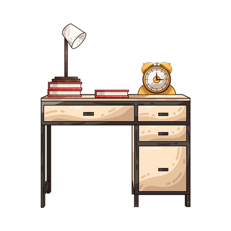 desk with books, lamp and clockâââのイラスト素材
