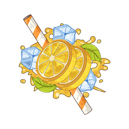 lemon slice with ice cube and strawのイラスト素材
