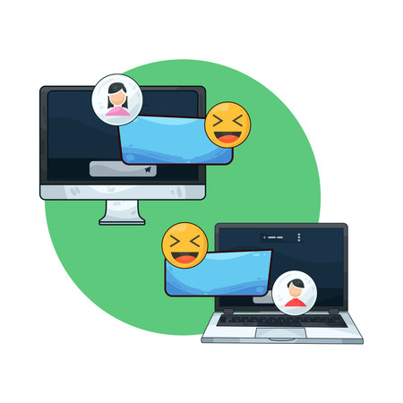 chatting on computer and laptopのイラスト素材