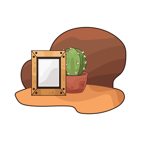 photo frame next to a cactus vaseのイラスト素材