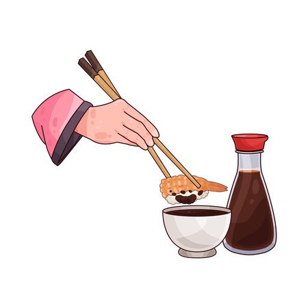 Chopsticks Holding Sushi Dipping Soy Sauceのイラスト素材