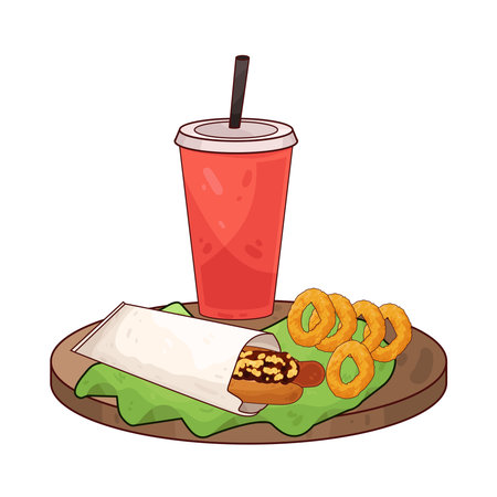 hot dog with onion rings and drinkのイラスト素材
