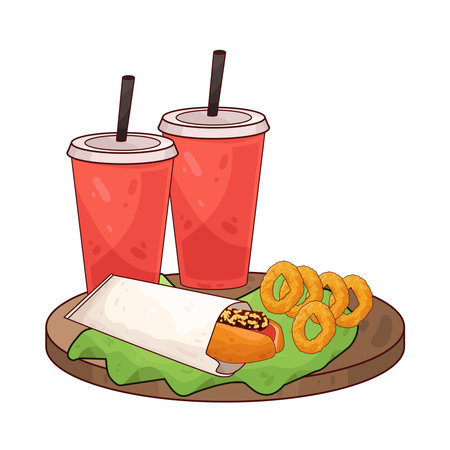 hot dog with onion rings and drinkのイラスト素材