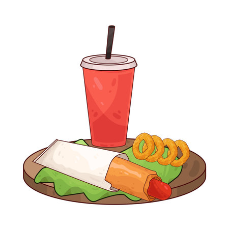 hot dog with onion rings and drinkのイラスト素材