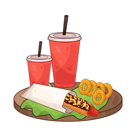hot dog with onion rings and drinkのイラスト素材