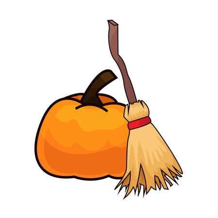 halloween pumpkin with witch broomのイラスト素材