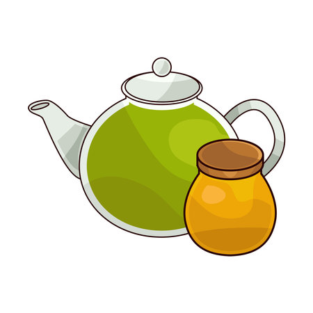 green tea teapot with honey jarのイラスト素材