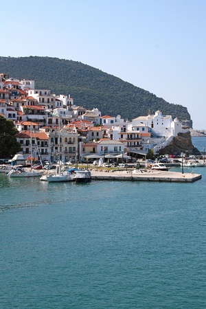 Skopelos island, Greek Sporades view above from the portの写真素材