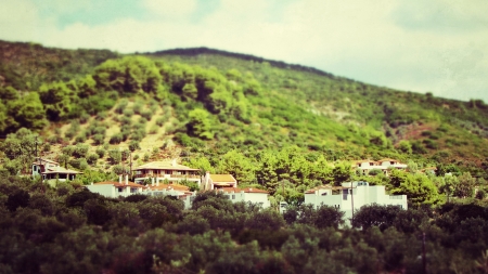 Houses at Alonisos greek island, with tilt-shift lens effectの写真素材