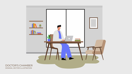 Man working on laptop in office. Vector illustration in flat style.のイラスト素材