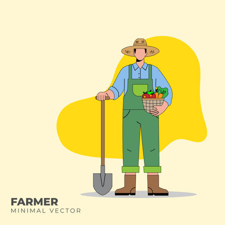 Farmer with a shovel and a basket of vegetables. Vector illustrationのイラスト素材