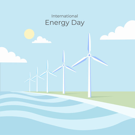Vector illustration of International Renewable Energy Day with Wind Turbinesのイラスト素材