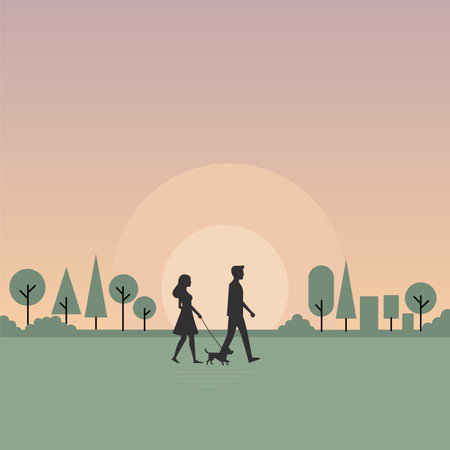 couple walking in the park at sunset vector illustration .のイラスト素材