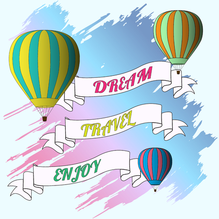 Illustration of balloons on blue and pink background and designer lettering on ribbonsのイラスト素材