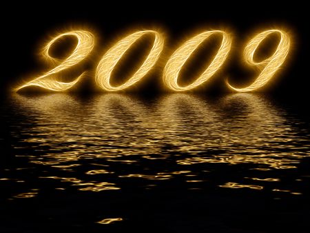 2009 - digits sparkling with reflection in rippled water, on black backgroundの写真素材