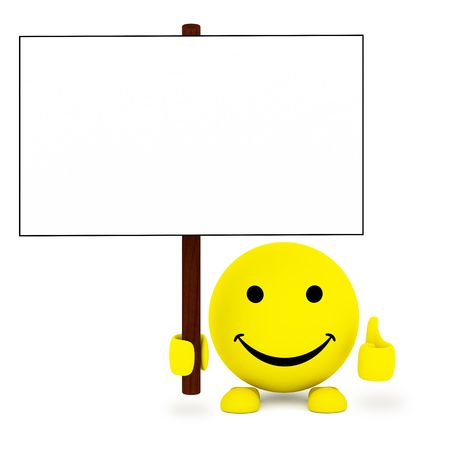 Bright yellow happy face ball with blank poster in hand. High resolution 3D imageの写真素材