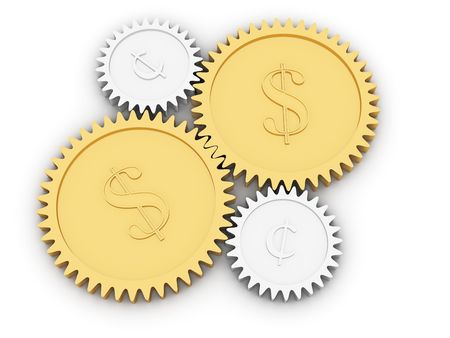 Golden dollar and cent gears on white background. High resolution 3D image rendered with soft shadowsの写真素材