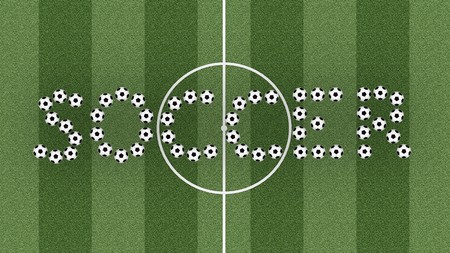 Soccer word composed of soccer balls on green grass field. High resolution 3D imageの写真素材