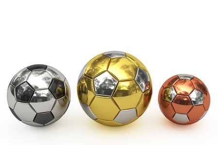 Golden, silver and bronze soccer balls on white background. High resolution 3D image rendered with soft shadows.の写真素材