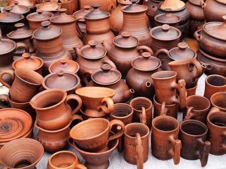 Showcase of handmade ceramic pottery in a roadside marketの写真素材