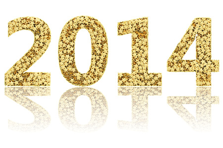 2014 digits composed of small golden stars on glossy white background  High resolution 3D imageの写真素材