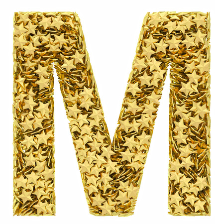 Letter M composed of golden stars isolated on white. High resolution 3D imageの写真素材