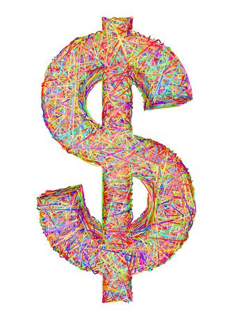 Dollar sign composed of colorful striplines isolated on white. High resolution 3D imageの写真素材
