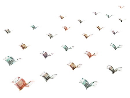 Winged ruble banknotes are flying away isolated on white. High resolution 3D imageの写真素材