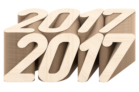 2017 digits composed of intersected wood panels isolated on white background. High resolution 3D...