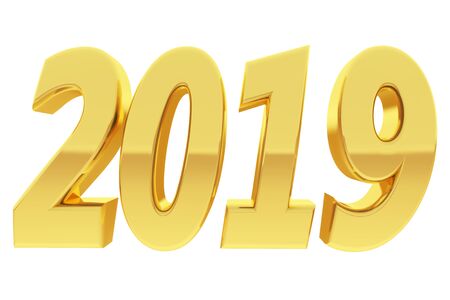 Gold 2019 digits with gradient reflections isolated on white background. High resolution 3D image