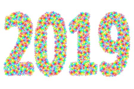 2019 digits composed of colorful glass flowers isolated on white background. High resolution 3D imageの写真素材