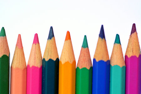 Colored crayons in row in front of a white backgroundの写真素材