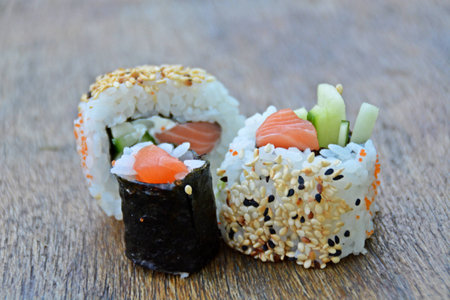 Sushi on a wooden tableの写真素材